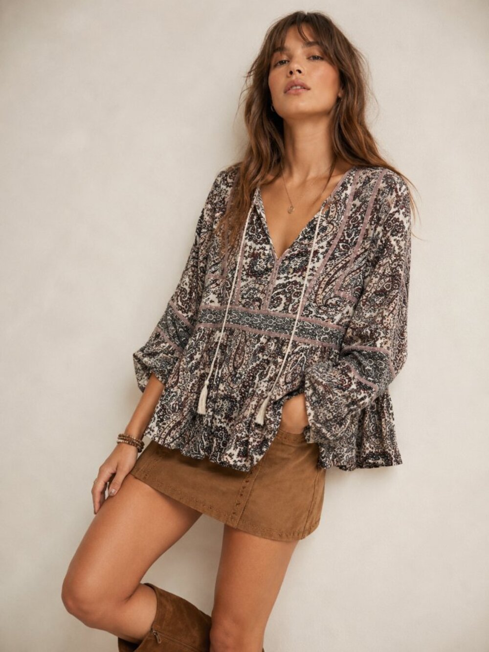 American Eagle Boho Print Paisley Top with Velvet Trim